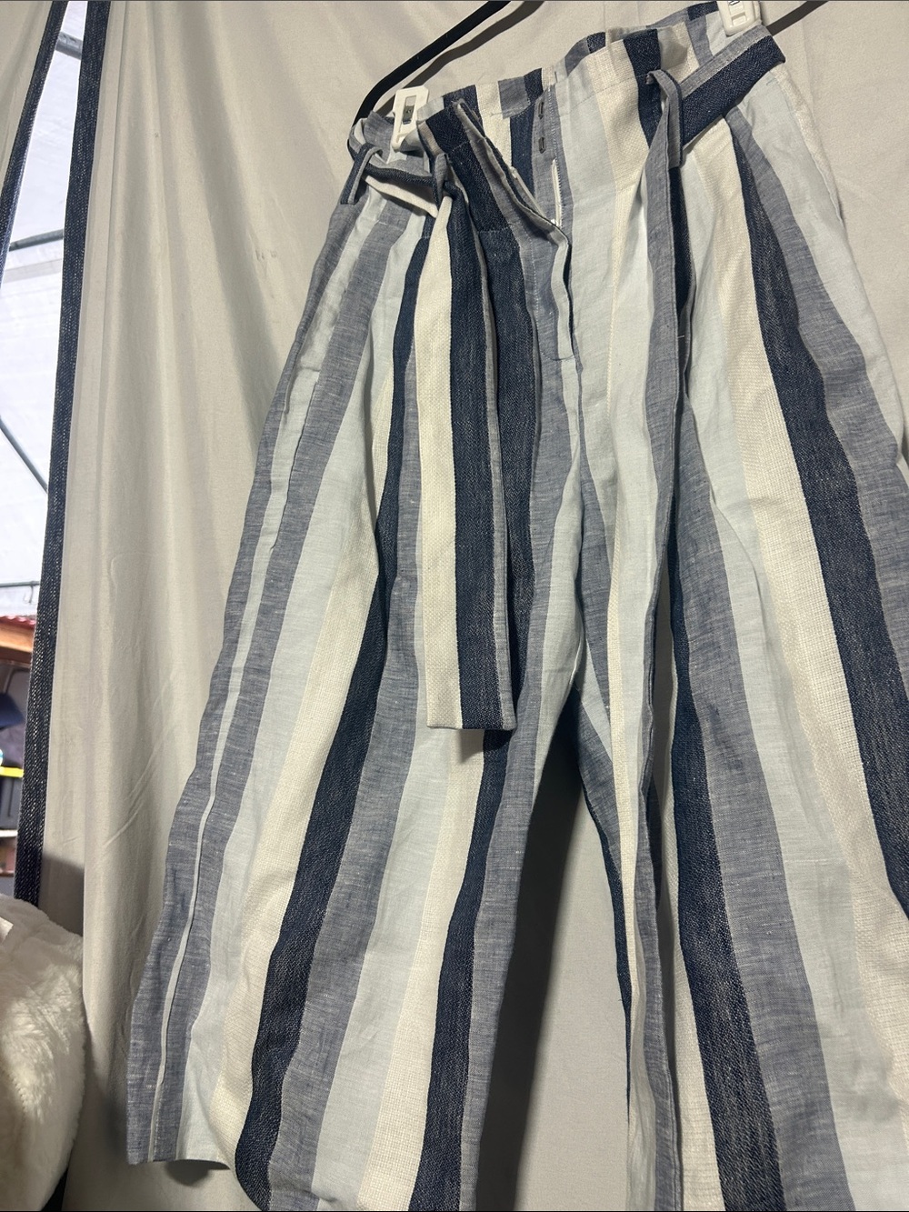Striped Blue & White Linen Blend Pants with Waist Tie